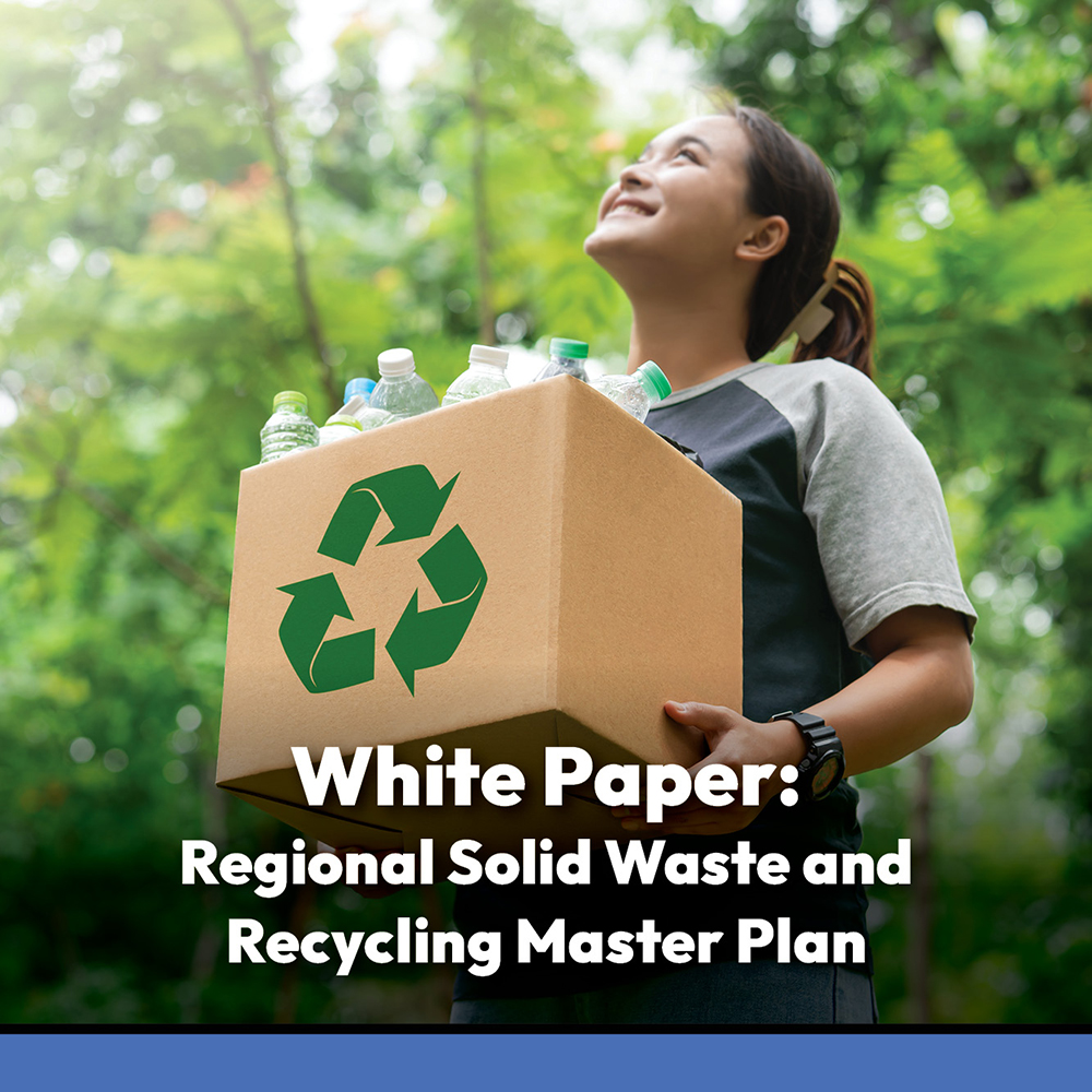 Pile of construction and demolition debris including wood, metal, and drywall, with text overlay that reads 'White Paper: Construction & Demolition Debris Management Options.'